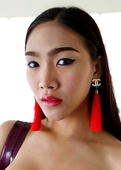 21 year old busty Thai ladyboy Ivy strips and sucks tourist cock for a facial